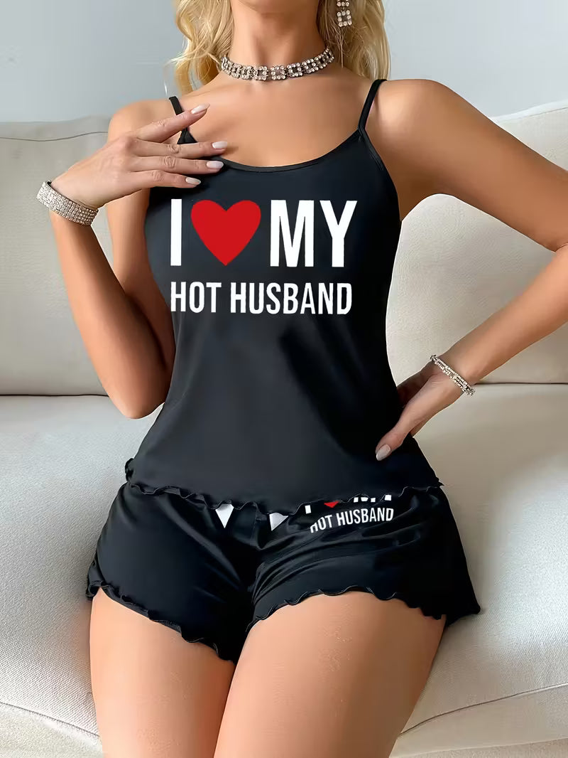 💖 “I ❤️ MY HOT HUSBAND” naiste topi ja pükste komplekt – mänguline armastuseavaldus igaks päevaks! 🦋