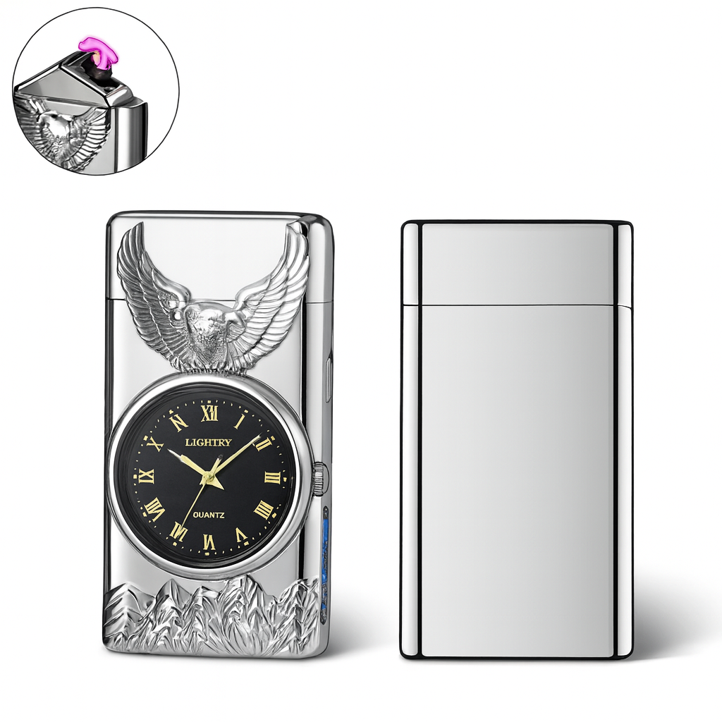 Premium USB-Plasmatulemasin kellaga ja LED-iga – 3D Kotka Reljeef.