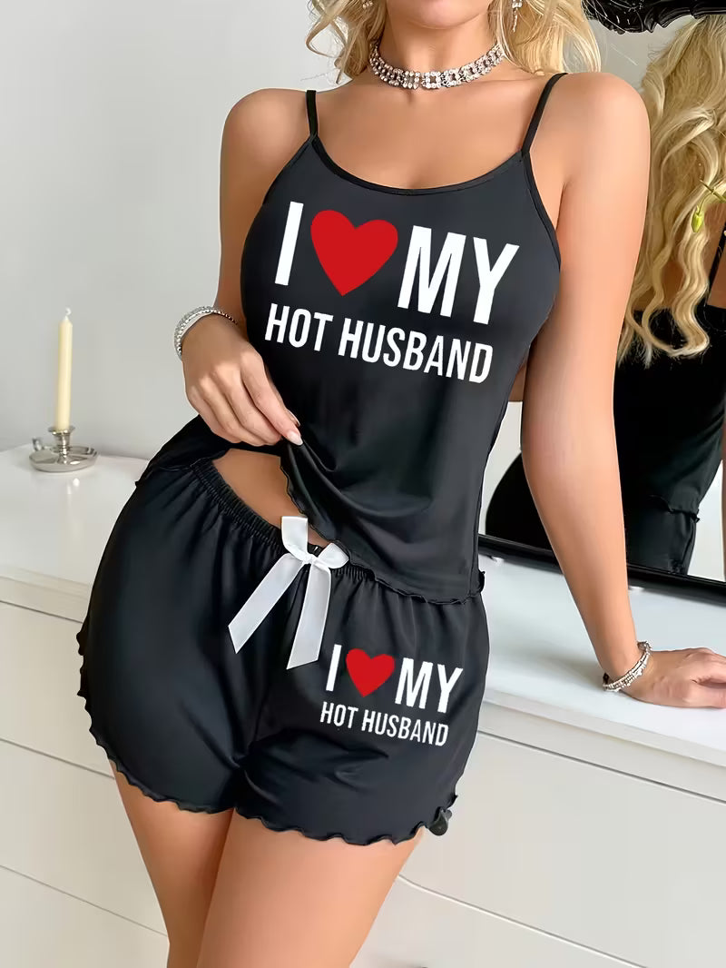 💖 “I ❤️ MY HOT HUSBAND” naiste topi ja pükste komplekt – mänguline armastuseavaldus igaks päevaks! 🦋