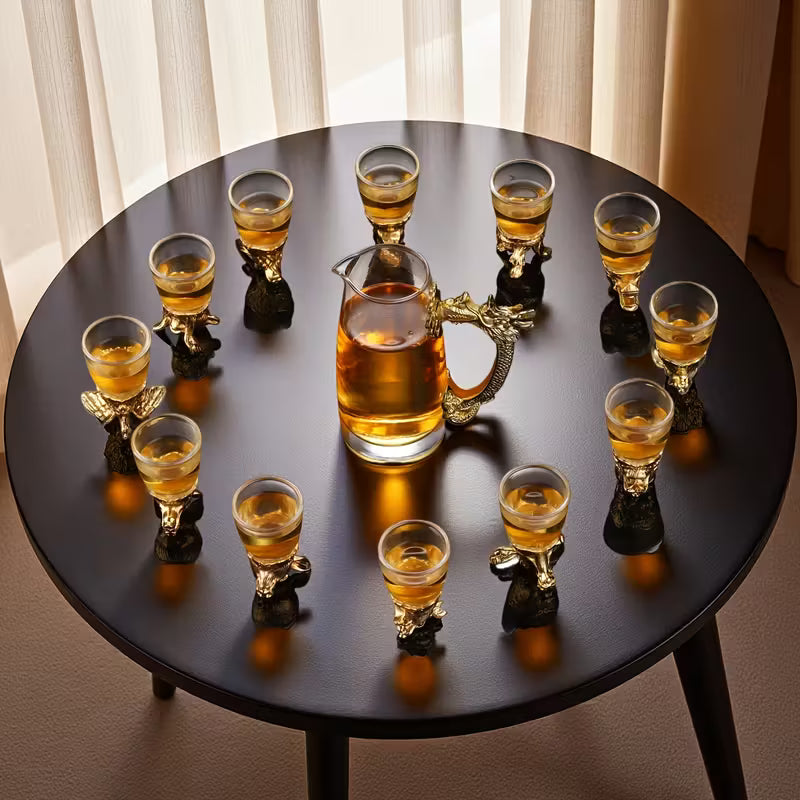 🐉13-osaline hiina sodiaagi vintage shoti klaaside komplekt – kuldse draakoni käepidemega luksuslik ja ainulaadne jooginõude kingitus