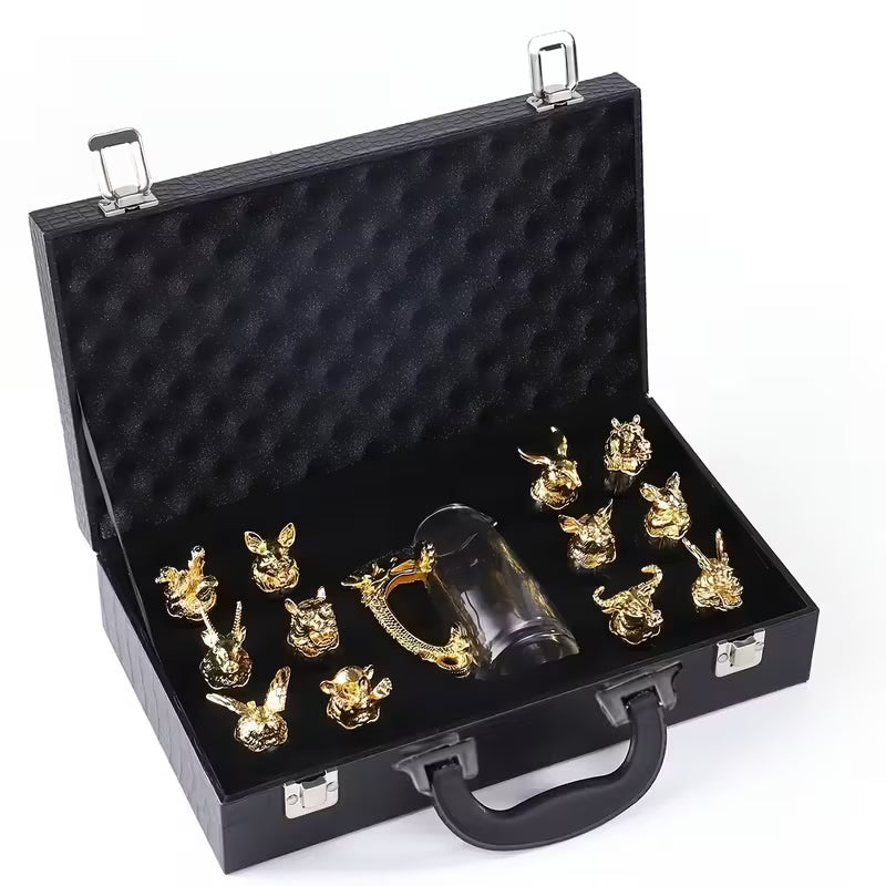 🐉13-osaline hiina sodiaagi vintage shoti klaaside komplekt – kuldse draakoni käepidemega luksuslik ja ainulaadne jooginõude kingitus