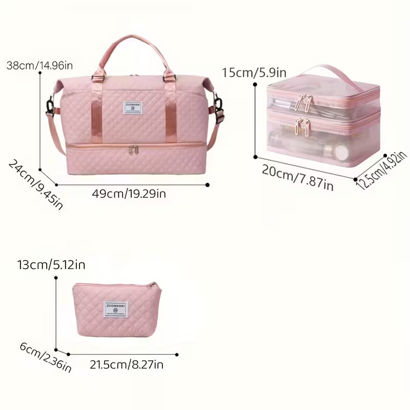 3-osaline naiste reisikottide komplekt – suur spordikott, käekott ja jalanõude taskuga reisikohver